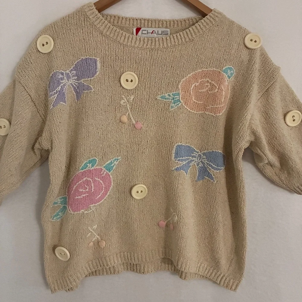 Vtg Chaus Knit Silk Blend Sweater Womens Size S Embroidered Cottage Artsy Floral